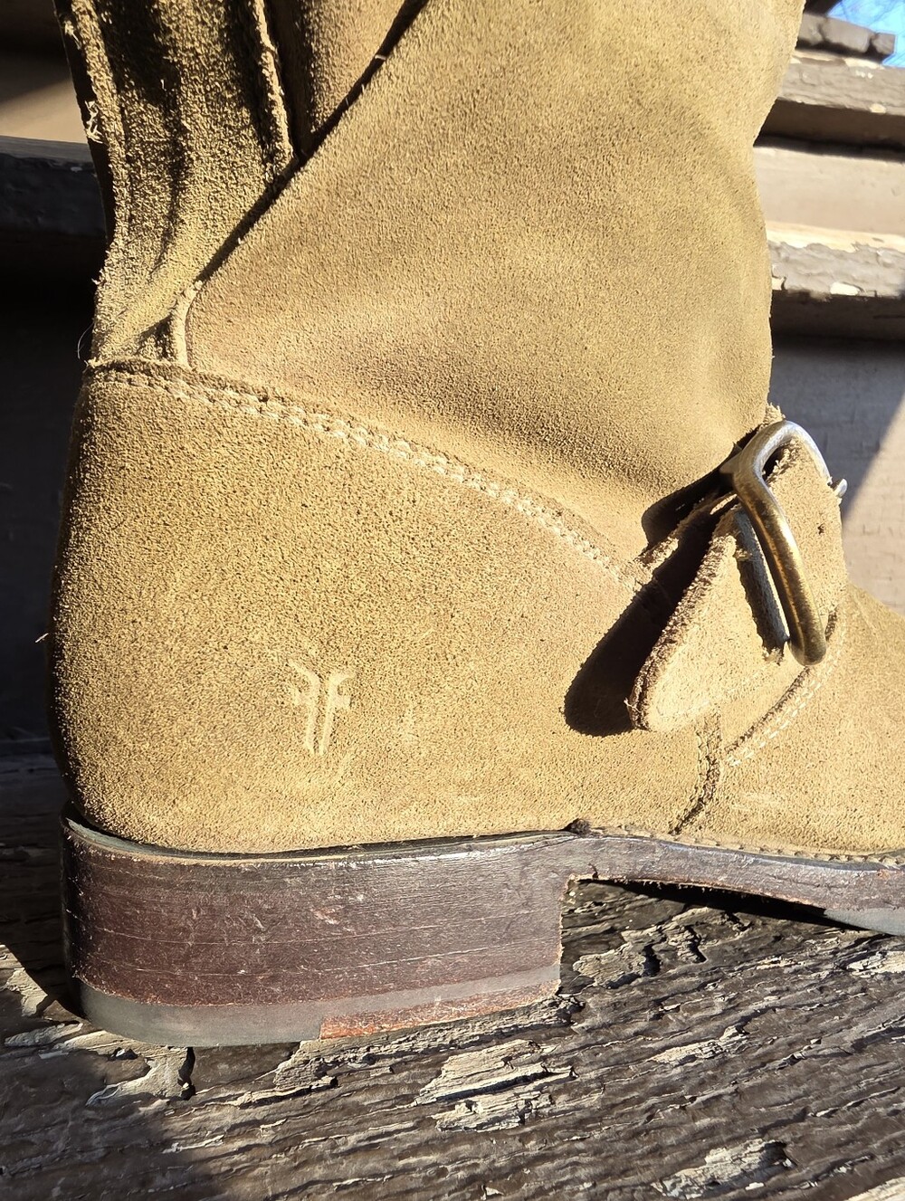 Frye Veronica Short 70590 Womens Green Tan Suede Hook & Loop Engineer Boots - Picture 11 of 15